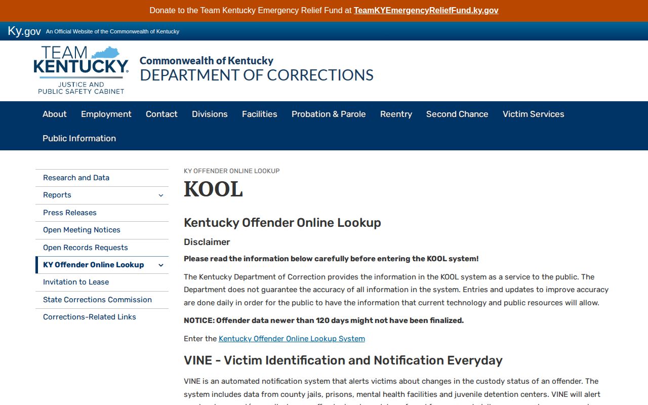 Kentucky Department of Corrections KOOL information page
